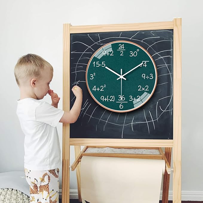 QINFIEY 10 Inch Math Wall Clock Silent Non Ticking Movement Quality Quartz Wall Clock for Office Classroom/School/Home/Kitchen/Living Room Wall Decorations (Green)