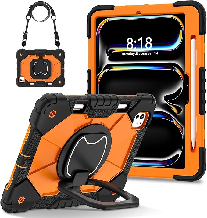 Dteck for iPad Pro 11 inch (M4/M5) 2024/2025 Release Shockproof Case with Shoulder Strap/Pencil Holder/Rotating Kickstand Handle, Heavy-Duty Sturdy Rugged Cover, Protective Tablet Shell, Black Orange