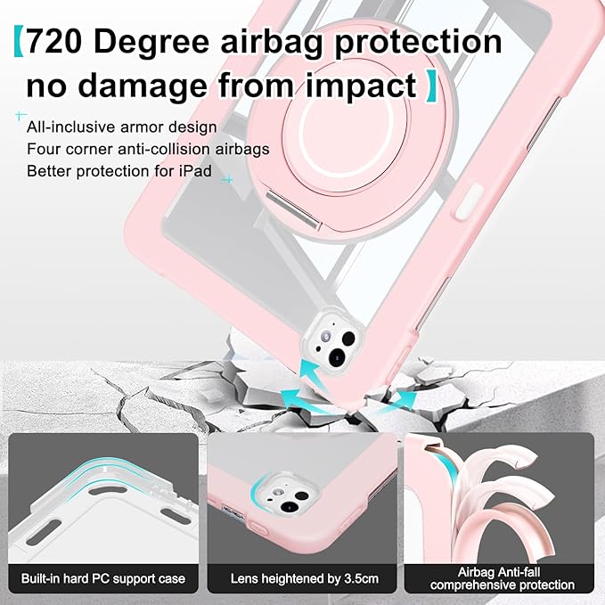 Dteck for iPad Pro 11 inch (M4/M5) 2024/2025 Release Shockproof Clear Case with Stylus Pencil Holder/Rotating Kickstand/Swivel Handle, Lightweight Protective Slim Transparent Tablet Cover Shell, Pink