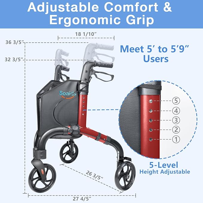 3 Wheel Walkers for Seniors with Bag and Hand Brakes, Lightweight Foldable Rollator with Swivel Front Wheel, Adjustable Height, Compact Mobility Aid for Elderly, Indoor Outdoor Use (Red)