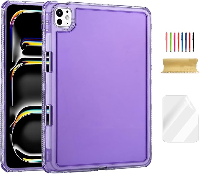 Dteck for iPad Pro/Air 13" (M5/M4/M3/M2), Pro 12.9" (6th/5th/4th/3rd Gen) Clear Case with Pencil Holder/Screen Protector Film/Stylus, 3 Layers Protective Lightweight Slim Transparent Cover, Purple
