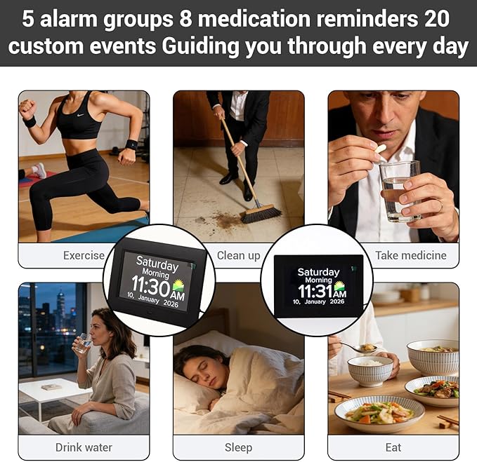 Digital Dementia Clocks for Seniors - 7" Large Display Calendar Clock with Day & Date for Elderly, Auto DST | 20 Alarm Reminders, Essential Alzheimers Clock & Gift for People with Memory Loss