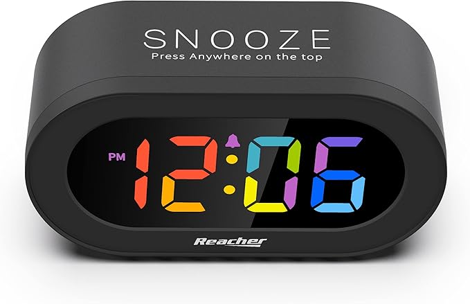 REACHER Small Digital Rainbow LED Alarm Clock with Snooze, Easy to Use, Full Range Brightness Dimmer, Adjustable Alarm Volume, Outlet Powered, Compact Clock for Bedroom, Bedside, Desk, Shelf…