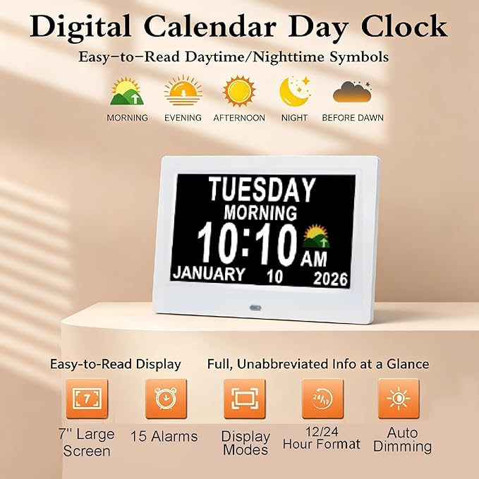 KASTISS Dementia Digital Clock for Seniors 7" Large Display Clock with Day and Date for Elderly Easy to Use 15 Alarms 5 Colors Auto Dimmable Alarm Clock for Bedroom Classroom Senior Gifts (White)