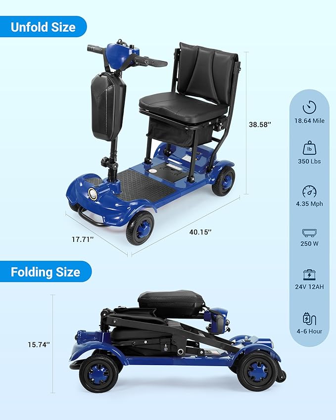 GoldSeason Airline & Cruise Approved Lightweight Mobility Scooter, Portable Foldable Electric Scooter for Seniors/Adults/Elderly/Handicap, 330 lbs Capacity, Compact Travel Scooter with Seat, Blue