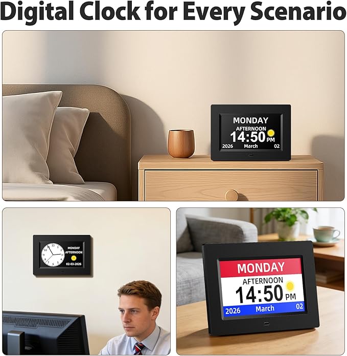 7 inch Digital Calendar Day Clock for Seniors & Elderly, Extra Large Display with Non-Abbreviated Day Date & Month, Dementia Alarm Clock for Memory Loss, Auto-Dimming, Black