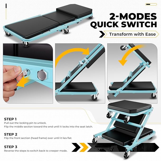 Auto Dynasty 36" Z-Creeper Seat, 2-in-1 Foldable Garage Creeper Shop Seat, 330 LBS Capacity Automotive Mechanic Repair Under Car Rolling Creeper Seat, Sky Blue