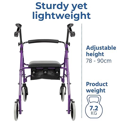 Days Lightweight Aluminum Rollator, Adjustable Rolling Walker with Seat for Elderly, 364 lb. Weight Capacity, Disabled, & Limited Mobility Patients, Walking Stabilizer with Four Wheels