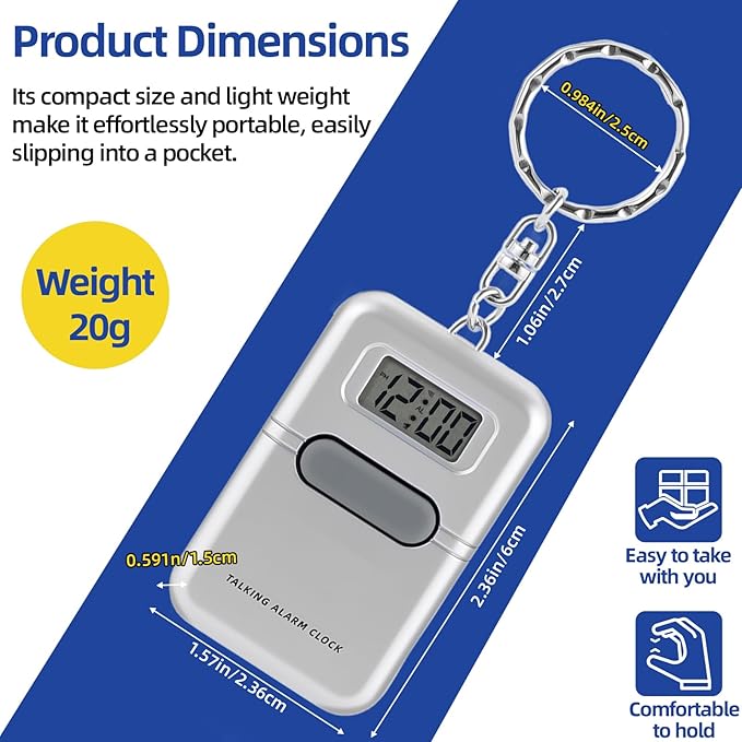Lenporl Talking Clock for The Blind and Visually Impaired - Easy-Use Talking Alarm Clock for Blind Elderly with Voice Announcement, LCD Display, Keychain & Portable Design