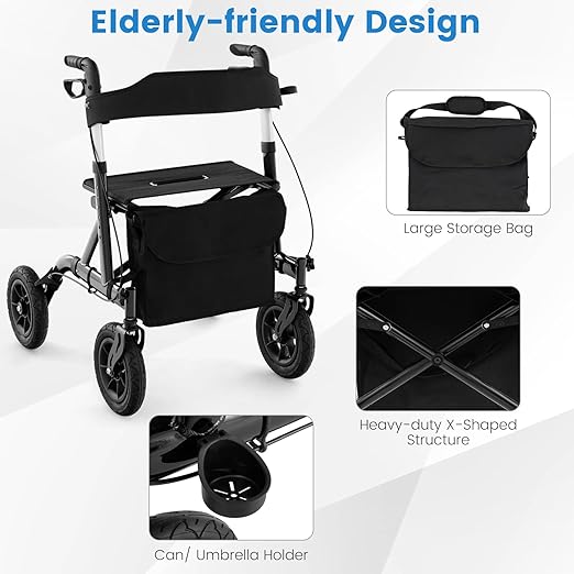 GOFLAME All-Terrain Rollator Walker w/Pneumatic Tires, Foldable Outdoor Walkers w/Seat, Backrest, 32"-37" Adjustable Height & Storage Bag, Lightweight Aluminum Walker for Seniors & Adults, Black