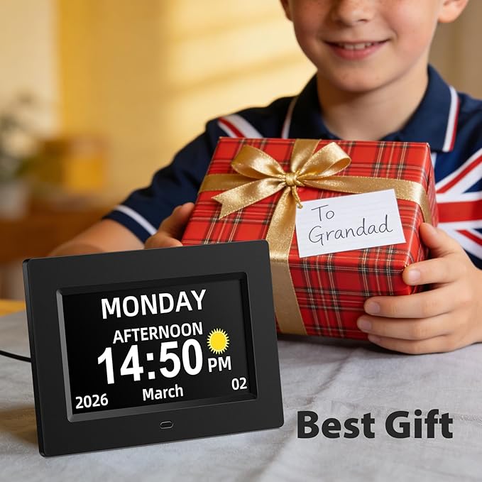 7 inch Digital Calendar Day Clock for Seniors & Elderly, Extra Large Display with Non-Abbreviated Day Date & Month, Dementia Alarm Clock for Memory Loss, Auto-Dimming, Black