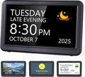 Raynic Date Clock, Digital Clock with 12 Themes, 20 Alarms, 20 Reminders, Semi-Automatic Dimming, 12/24 Hours, Auto DST Clock for Seniors Desktop, Office, Students (Black, 7 Inches)