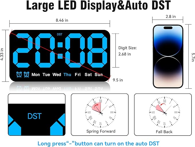 9.5 Inch Large Digital Wall Clock with LED Display, Auto DST, Dual Alarm with Snooze, Adjustable Brightness, Temperature & Date Display, Wall Mount or Desk Clock for Bedroom, Living Room, Office,-Blue