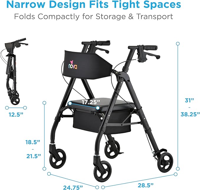 NOVA Star 6 Foldable Rollator Walker for Seniors, Wide Padded Backrest with Seat, 6” All-Terrain Wheels, Easy-Grip Locking Hand Brakes, Height Adjustable, Black