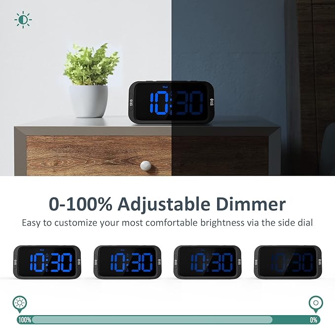 Odokee Digital Dual Alarm Clock for Bedroom, Easy to Set, 0-100% Dimmer, USB Charger, 5 Sounds Adjustable Volume, Weekday/Weekend Mode, Snooze, 12/24Hr, Battery Backup, Compact for Bedside(Blue)