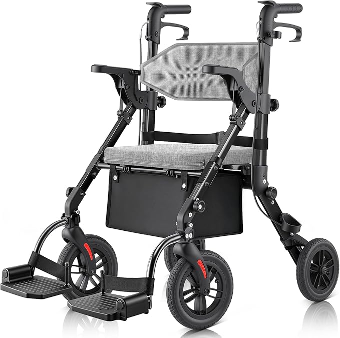 Walkers for Seniors with Seat, Walker Wheelchair Combo, 2 in 1 Rolling Walker Transport Wheelchair Lightweight Foldable, 10" Big Wheels Transport Chair with Brakes,Grey