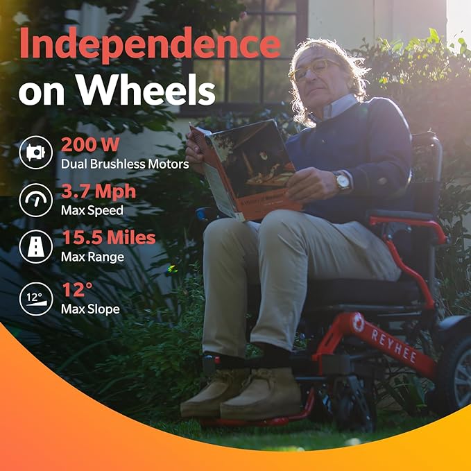 Reyhee Roamer Folding Electric Wheelchair for Adults Seniors, 200W Motorized Wheelchair w/Dual DC Brushless Motor, Portable Power Wheelchairs, Class 2 Medical Device