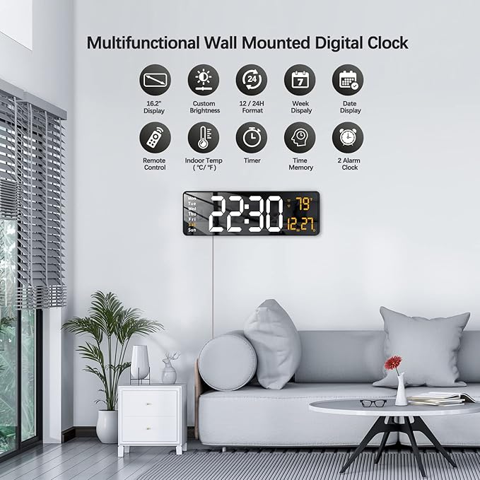 JoFomp Modern 16" Large Digital Wall Clock with Remote Control, LED Display, Auto-Dimming, Countdown, Temperature, Calendar - 12/24Hr Format - Silent Wall Clock for Home, Office, or Gym Use (Orange)