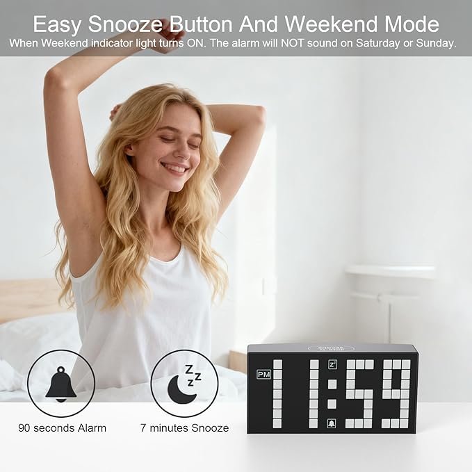 KWANWA Auto-Dimming Digital Alarm Clock with Weekend Mode & Battery Backup, 12/24H DST, Small LED Clock for Bedroom, Desk, Nightstand, Kids, Seniors