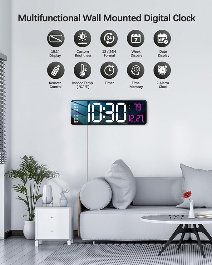 JoFomp Modern 16" Large Digital Wall Clock with Remote Control, LED Display, Auto-Dimming, Countdown, Temperature, Calendar - 12/24Hr Format - Silent Wall Clock for Home, Office, or Gym Use (Pink)