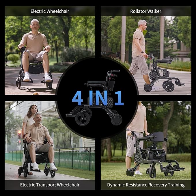 4 in 1 Intelligent Electric Wheelchair,Rollator Walker with Seat, Lightweight Foldable Transport Wheelchair Combo,Detachable Footrests, 10" Wheels for Seniors Adults (2*Battery)