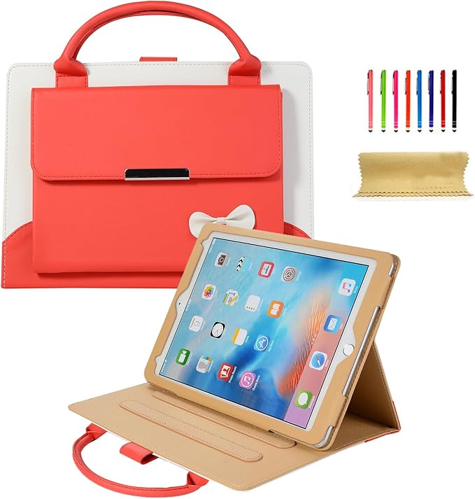 Dteck for iPad Air 13" M2/M3/M4, Pro 13" M4/M5, Pro 12.9" 3rd/4h/5th/6th Gen Smart Folio Case with Auto Sleep Wake, Stand, Handle, Pocket, Handbag Style PU Leather Protective Cute Bowknot Cover, Red
