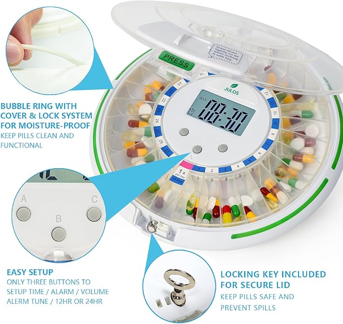 28-Day Automatic Pill Dispenser for Elderly - Medication Reminder with Loud Alarm & Flashing Light, Key Lock, Up to 6 Alart/Day, Timed Pill Dispenser Machine for Vitamins/Prescriptions/More
