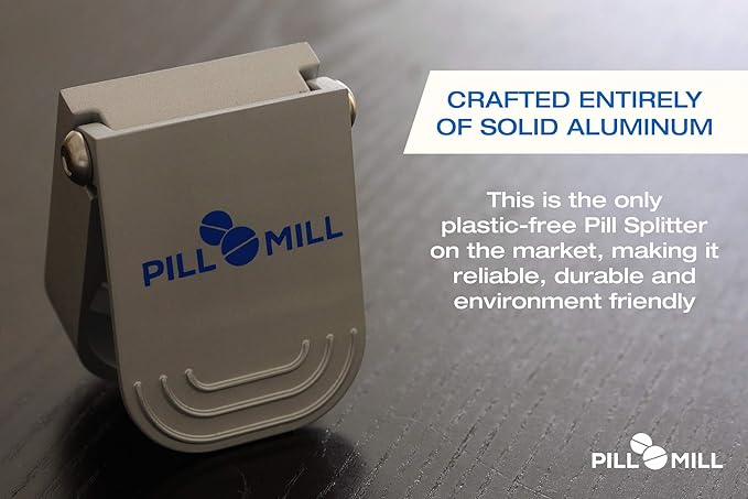 Pill Cutter Splitter with Pill Box by Pill Mill - Blade that Will Never Dull - Grip Handle Cuts Small or Large Pills with Ease - Light and Durable Tablet Divider - Perfect Medicine Slicer for Travel