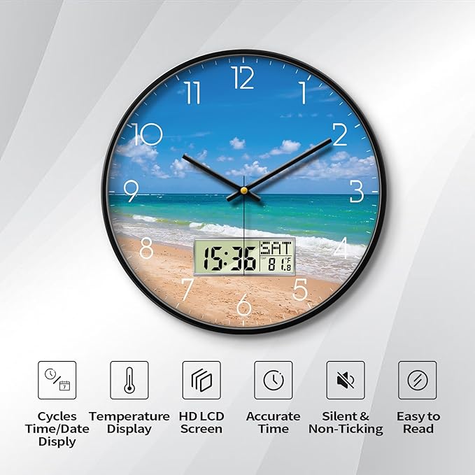 12'' Silent Non-Ticking Coastal Beach Wall Clock, Battery Operated Analog with LCD Date Day Temp Display, Modern Wall Clock for Living Room Bedroom Office Beach House Hotel Decor