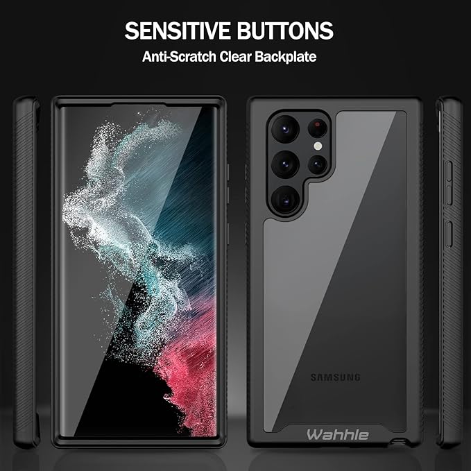 wahhle Compatible with Samsung Galaxy S22 Ultra Case, Built in Screen Protector Full Body Shockproof Slim Fit Bumper Protective Phone Cover for Samsung S22 Ultra 5G-Black/Clear