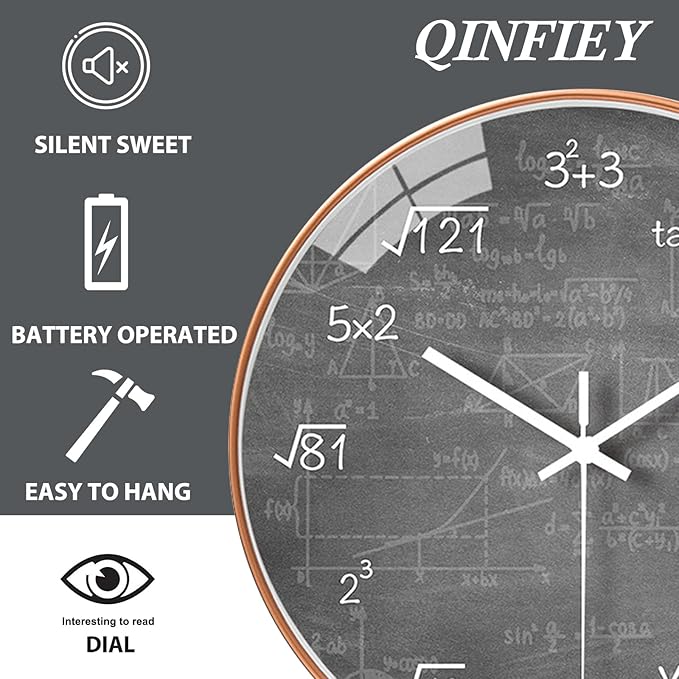 QINFIEY 12 Inch Math Wall Clock Silent Non Ticking Movement Quality Quartz Wall Clock for Home/Kitchen/Office/Classroom/School/Living Room Wall Decorations