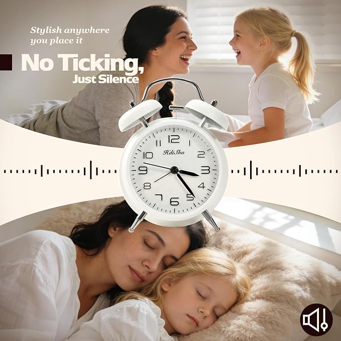 Loud Alarm Clock for Heavy Sleepers, 6 inch Battery Operated Twin Bell Alarm Clock with Night Light, Silent Non Ticking Analog Small Clock Decor for Bedroom, Bedside, Living Room