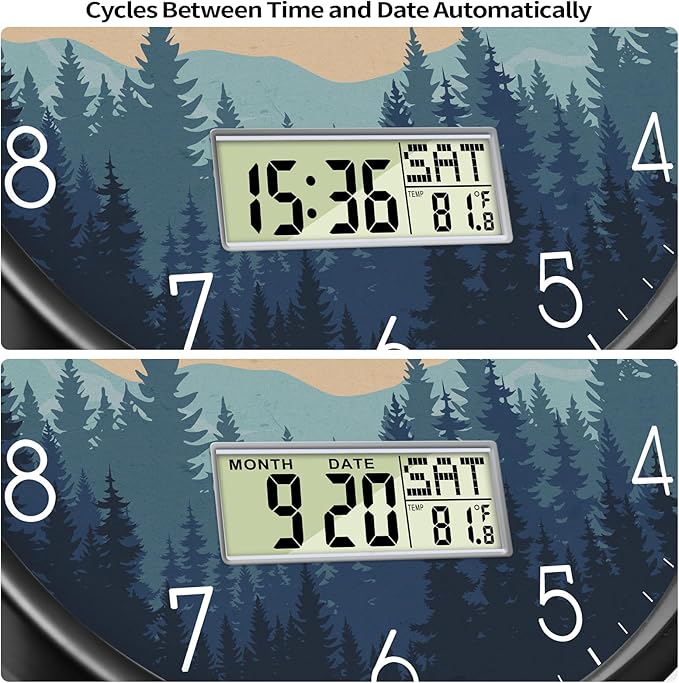 12" Silent Non-Ticking Wall Clock, Mid-Century Modern Wilderness Sunset, Battery Operated Analog with LCD Date Day Temp Display, for Living Room Home Office Bedroom Garage Farmhouse Decor