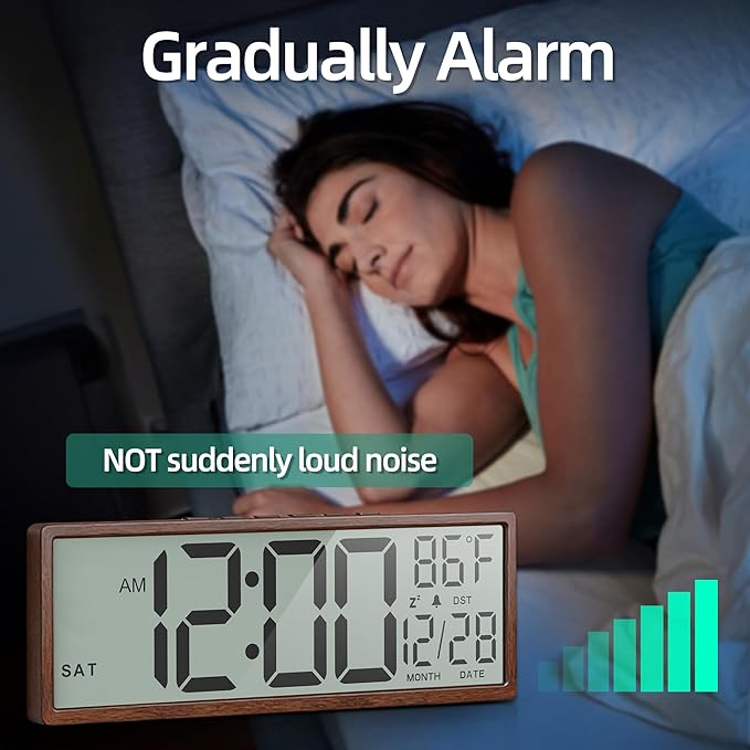 Digital Wood Wall Clock with Battery Operated, 15" Digital Clock Large Display with Date and Day of Week, Large Number with Temperature, Auto DST, Alarm, Snooze, 12/24-hour for Desk Office