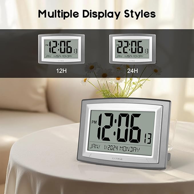 Auto Set Digital Wall Clock Battery Operated,12.5 Inch Large Display Digital Alarm Clock with Day, Date,Battery Operated Wall Clocks or Desk Alarm Clock for Bedroom, Livingroom, Office