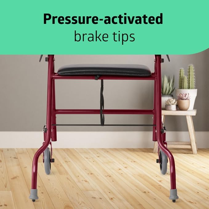 Medline 2-Wheel Rollator Walker, for Adults and Seniors, 300 lb. Weight Capacity, Burgundy, 5-Inch Wheels, Padded Seat, Foldable, Adjustable Handles, Pressure-Activated Brakes