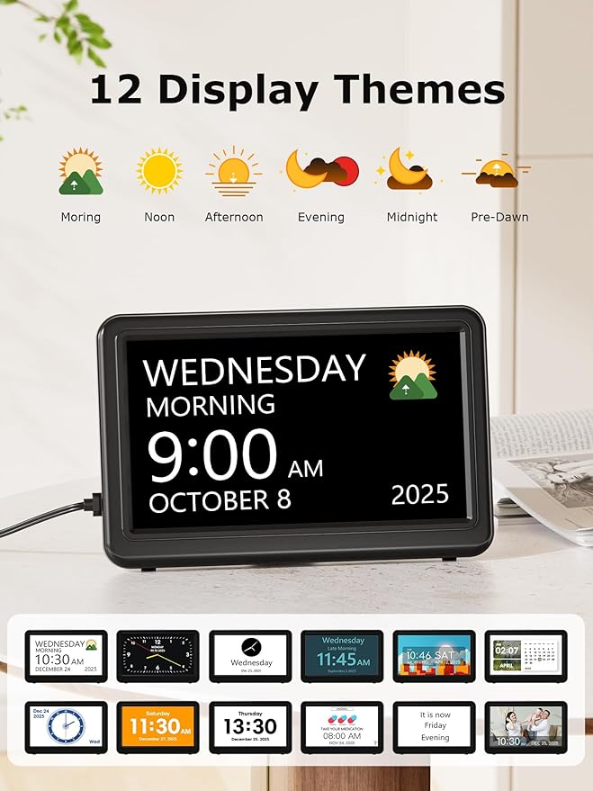 Mesqool Dementia & Alzheimer’s Clock for Seniors – 7" Large HD Display Digital Calendar with Day & Date, 20 Alarms & 20 Medicine Reminders, Memory Loss Support, Black