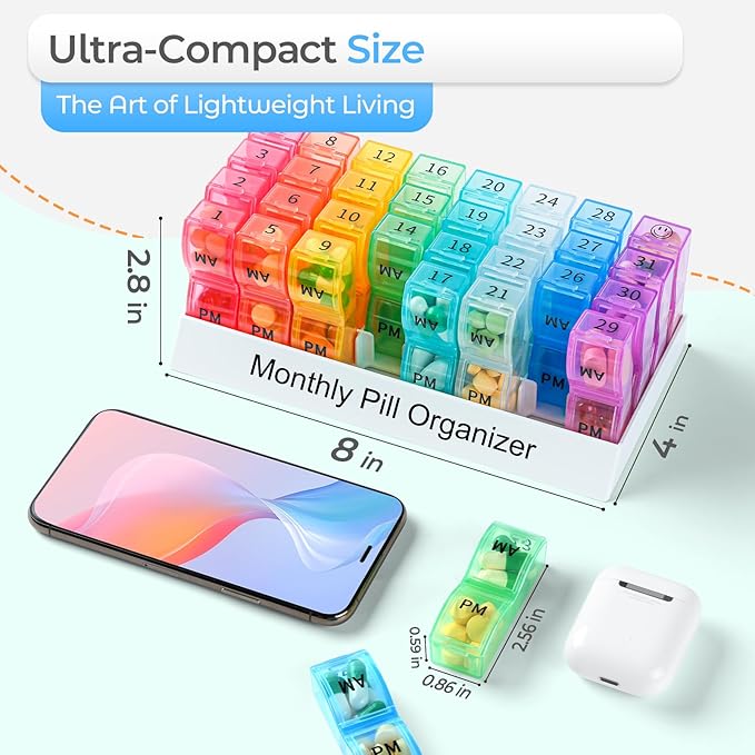 Monthly Pill Organizer AM/PM 31-Day Travel Medicine Case 4-Week Pill Box