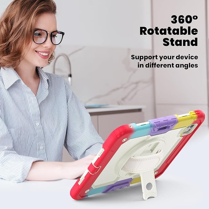 Dteck for iPad Pro 11 inch (M4/M5) 2024/2025 Shockproof Case with Screen Protector/Stylus Pencil Holder/Rotating Kickstand/Grip Hand Strap, Heavy Duty Protective Rugged Tablet Cover, Colorful Red