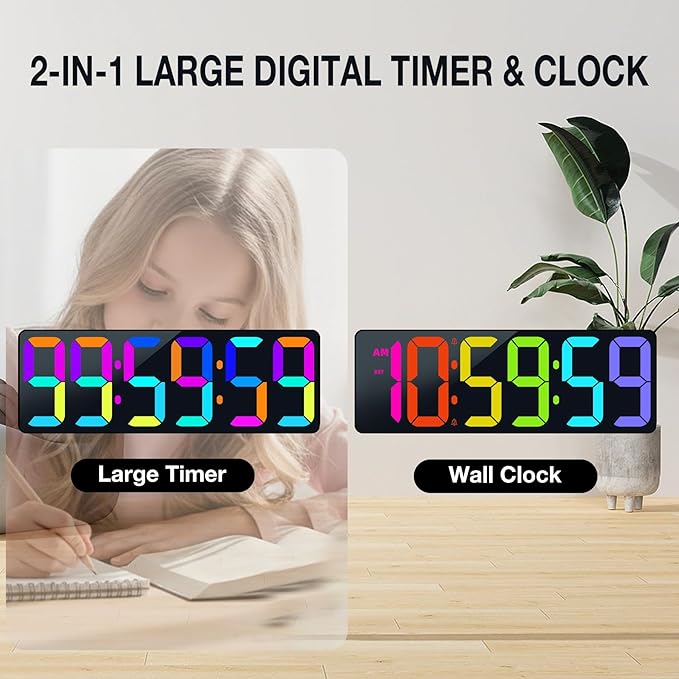 17.2" Large Digital Timer Wall Clock with Remote Control, Count Down Up Digital Timer, Auto DST LED Big Digital Clock for Bedroom Kitchen Living Room Office Gym Home Decor, RGB