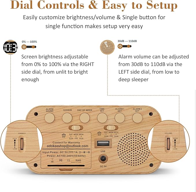 Odokee Digital Dual Alarm Clock for Bedroom, 0-100% Dimmer, Weekday/Weekend Mode, Easy to Set, USB Charger, Adjustable Alarm Volume with 5 Alarm Sounds, Snooze, 12/24Hr, Battery Backup (Wood Grain)