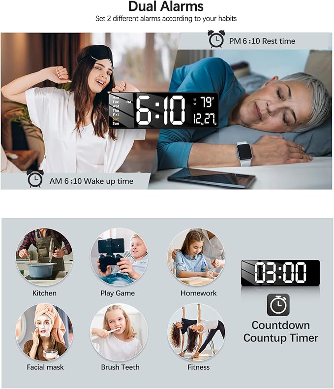 JoFomp Modern 16" Large Digital Wall Clock with Remote Control, LED Display, Auto-Dimming, Countdown, Temperature, Calendar - 12/24Hr Format - Silent Wall Clock for Home, Office, or Gym Use (White)