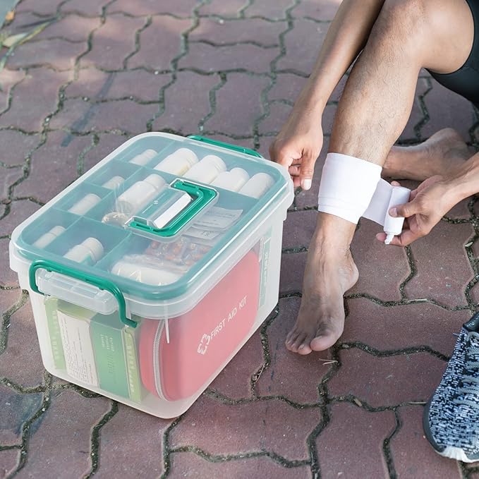 Vcansay Plastic Family First Aid Box with Double Layer and Handle, Emergency Medicine Box, Clear Container for Home, Car, Office, Travel & Outdoor Sports