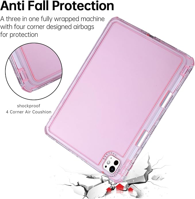 Dteck for iPad Pro/Air 13" (M5/M4/M3/M2), Pro 12.9" (6th/5th/4th/3rd Gen) Clear Case with Pencil Holder/Screen Protector Film/Stylus, 3 Layers Protective Lightweight Slim Transparent Back Cover, Pink
