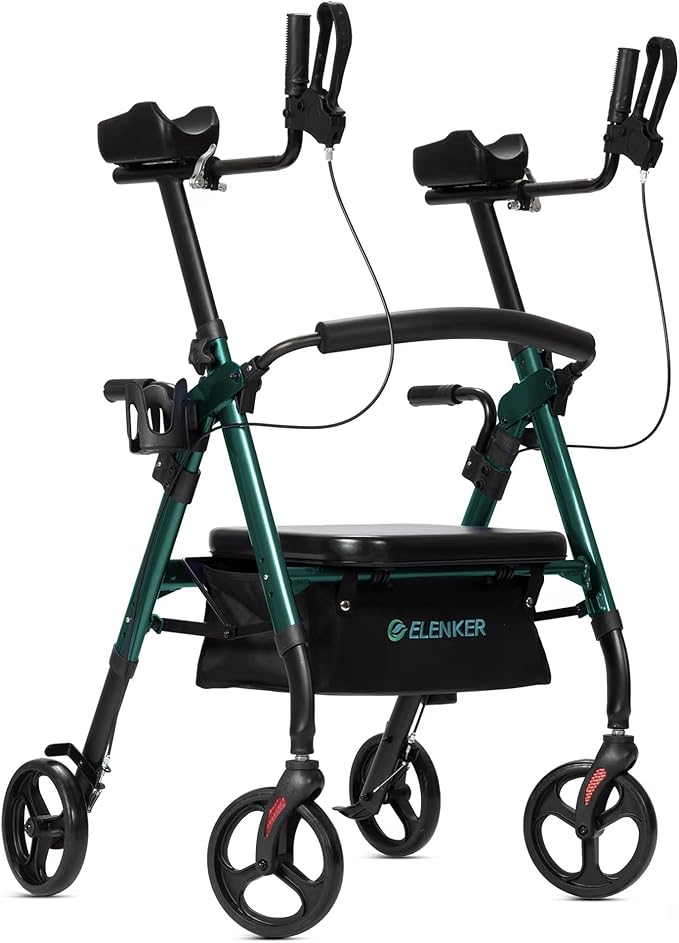 ELENKER Heavy Duty Upright Walker, Bariatric Stand Up Rollator Walker with Extra Wide Padded Seat & Backrest, Supports Up to 500 lbs, for Senior, Green