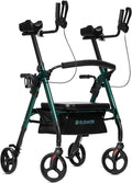 ELENKER Heavy Duty Upright Walker, Bariatric Stand Up Rollator Walker with Extra Wide Padded Seat & Backrest, Supports Up to 500 lbs, for Senior, Green