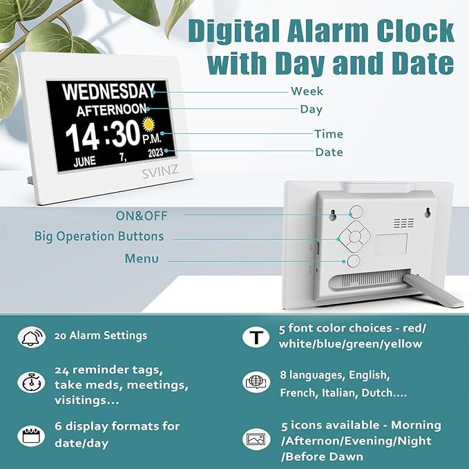 Dementia Clock for Seniors, Large Number Digital Calendar Clock with Date and Day of Week for Elderly Alzheimer, 20 Custom Alarms and Tags
