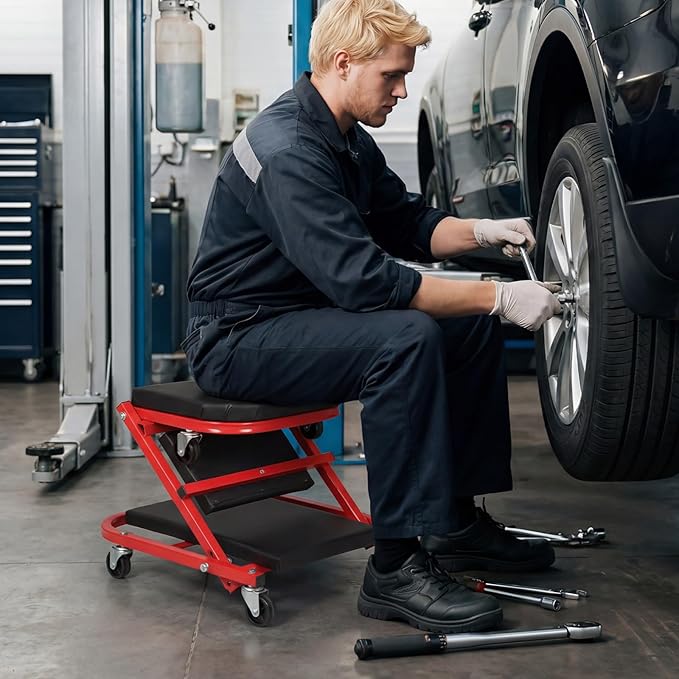 Goplus 2-in-1 Z-Shaped Rolling Garage Stool, 36" Folding Flat Automotive Creeper with Padded Seat & 6 Swivel Casters, Convertible Mechanic Stool for Auto Workshop & Repair