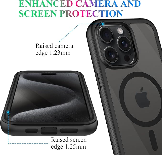 wahhle Compatible with iPhone 15 Pro Case, Magnetic Wireless Charging Built in Screen Protector Full Body Shockproof Slim Fit Bumper Protective Phone Cover 6.1'' Men Women-Black/Clear