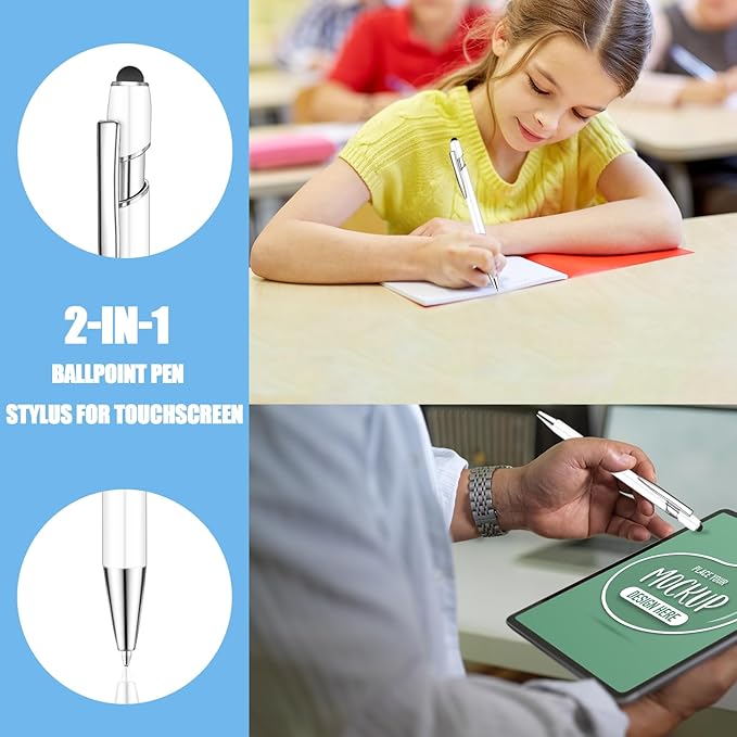 24 Pcs Blue Ink Ballpoint Pen with Stylus Tip 2 in 1 Ballpoint Pen 1.0 mm Blue Ink Metal Stylus Pen for Touch Screens Coworkers, Family, Colleagues, Office (White)